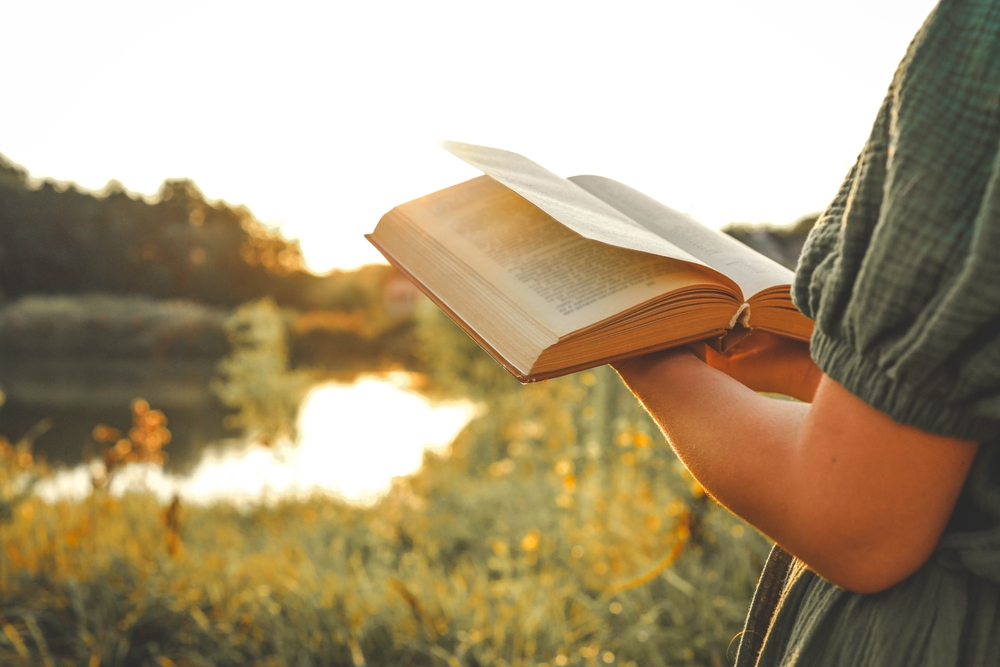 Girl,In,Dress,Reading,Book.,Sunny,Morning.